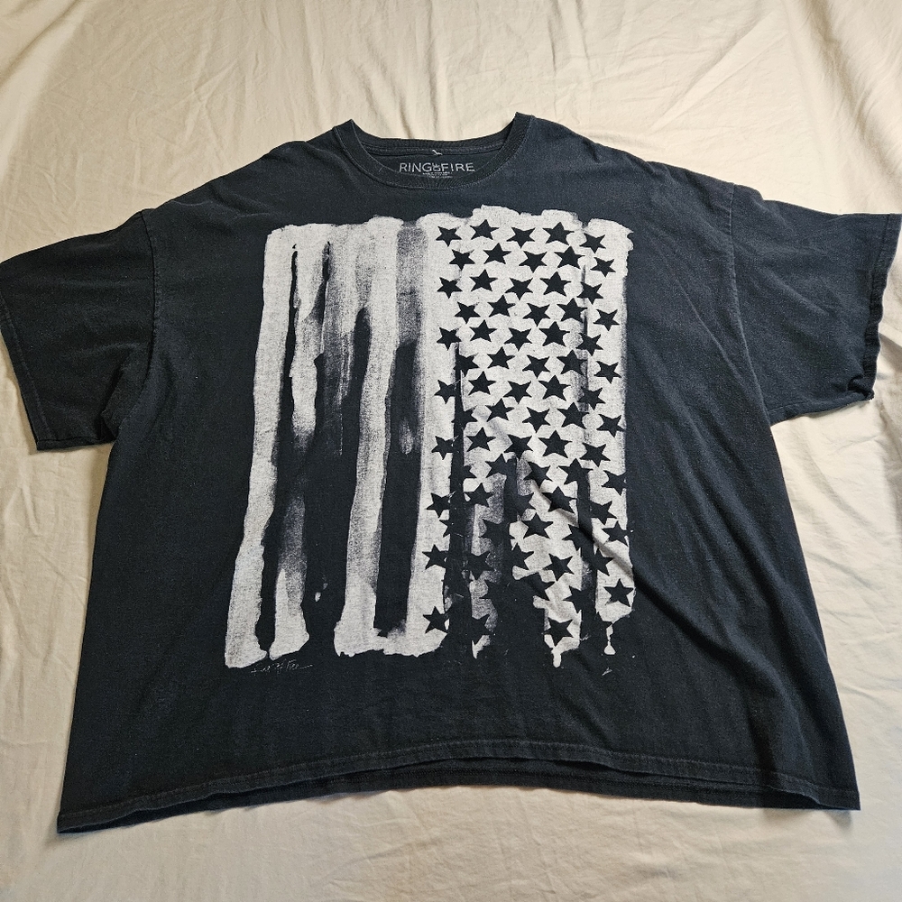 Ring of Fire 4XL‎ Men's Black Distressed American Flag Graphic T-Shirt Grunge